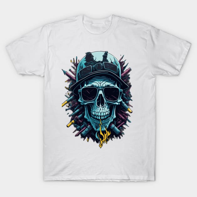 Smoking Skull with Guns and Sunglasses T-Shirt by Absent-clo